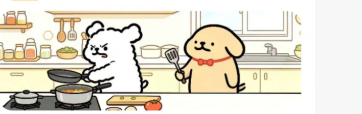 两只小狗在明亮的厨房里一起做饭
